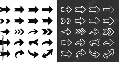 Collection of various directional arrows in different styles and orientations displayed on contrasting backgrounds, showcasing diverse arrow designs and navigation elements.
