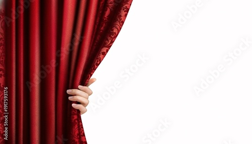 A hand peels back a red curtain revealing a white background