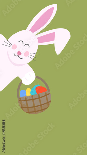 Adorable cartoon Easter bunny character holding a wicker basket filled with colorful Easter eggs in blue, yellow, red, and teal. Cheerful flat Vector design illustration.