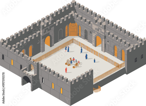 Isometric medieval castle courtyard illustration with fortress walls, ancient architecture, historical building, heritage landmark, vector design scene artwork