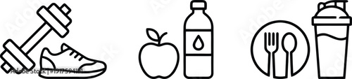 Outline icons representing a comprehensive healthy lifestyle including fitness exercise nutrition and hydration