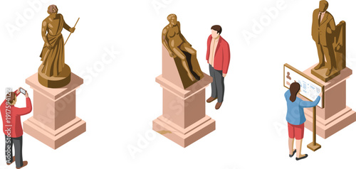 Isometric museum sculpture gallery illustration, visitors viewing classical statues, art exhibition cultural heritage tourism vector concept design scene