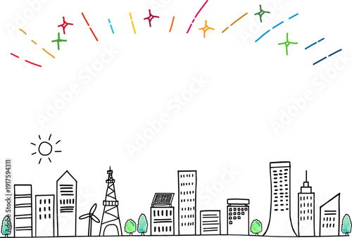 SDGsとESG投資・開発イメージ街並み手描き線画