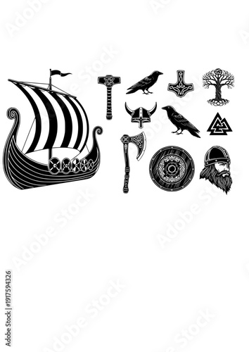 Viking Norse Vector Set - Black Silhouette Illustrations, Longship Graphics, Norse Mythology , Viking Warrior Design Elements