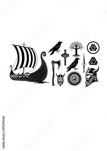 Viking Norse Vector Set - Black Silhouette Illustrations, Longship Graphics, Norse Mythology , Viking Warrior Design Elements