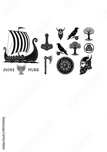 Viking Norse Vector Set - Black Silhouette Illustrations, Longship Graphics, Norse Mythology , Viking Warrior Design Elements