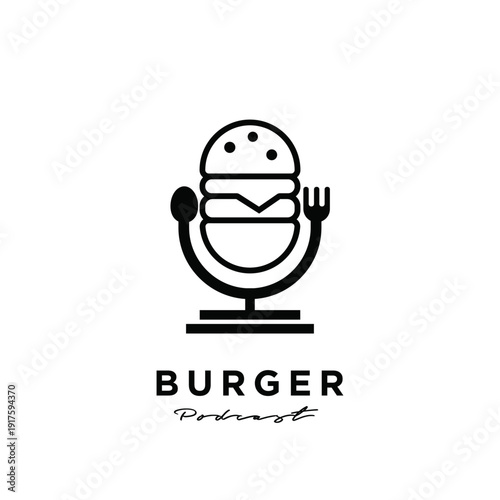 Burger Podcast Logo Design with Integrated Microphone, Spoon, and Fork Icons