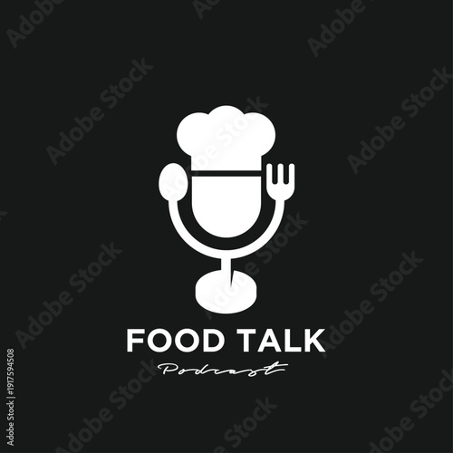 Food Talk Podcast Logo Design with Chef Hat, Spoon, Fork, and Microphone Icon
