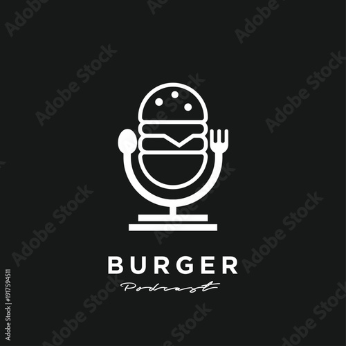 Minimalist Burger Podcast Logo Featuring Hamburger, Microphone, Spoon, and Fork Icon Design