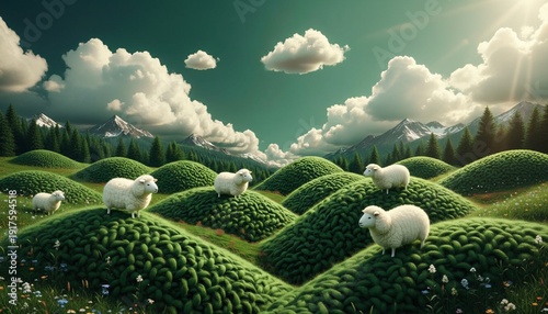 A serene landscape of sheep grazing on green hills with mountains in the background under a cloudy sky
