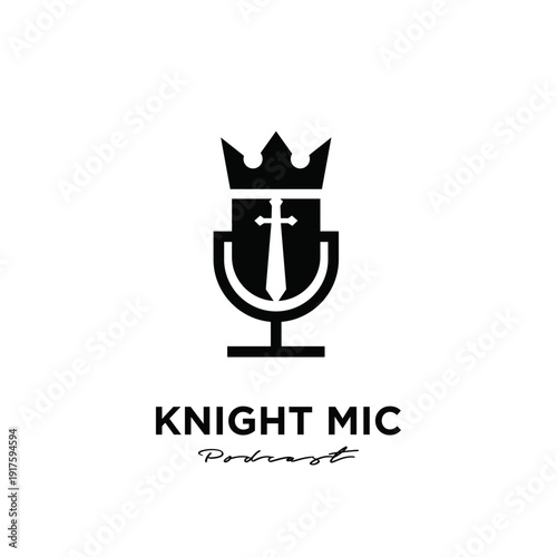 Podcast Logo for Knight Mic featuring a Crowned Microphone with a Sword Design