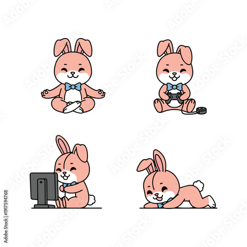 Cute cartoon rabbit in various yoga and leisure poses with copy space