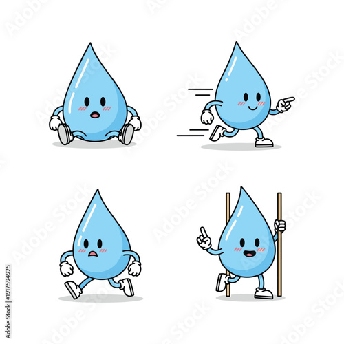 Cute cartoon water drop characters in different poses and emotions on white background