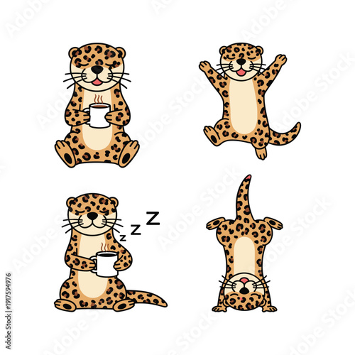 Cute cartoon leopard characters in different poses with coffee cups and relaxing