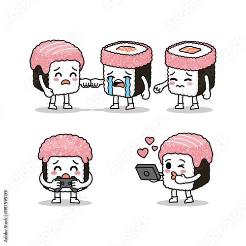 Cartoon sushi characters expressing emotions and using smartphone with love and copy space