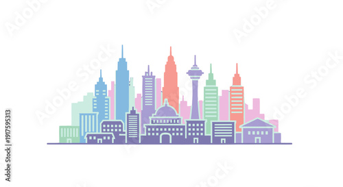 Colorful cityscape with diverse architectural styles and pastel colors.