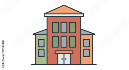 Colorful cartoon illustration of a three-story residential building.