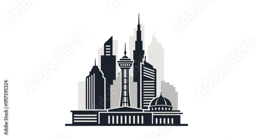 Cityscape illustration with modern and historical buildings.