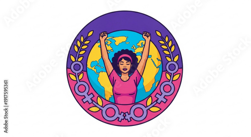 Woman celebrating with arms raised in front of a colorful globe surrounded by leaves and symbols