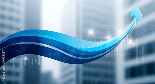 Blue Financial Growth Arrow Ascending Over Blurred Corporate Skyscraper Background