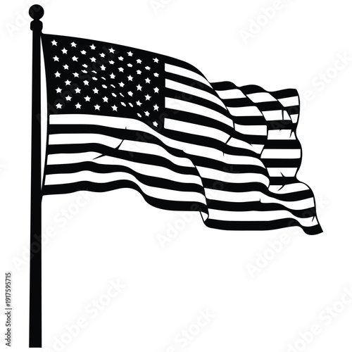 Waving American flag in black and white for patriotic designs