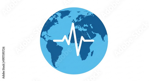 Earth globe with white ecg heartbeat line on blue background symbolizing global health and wellness