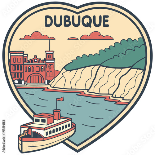 Dubuque Iowa Heart Emblem Featuring Riverboat and Limestone Bluffs