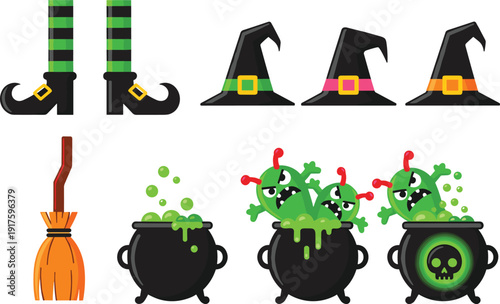 Flat vector illustration set of Halloween witch elements featuring pointed hats with buckles, striped stockings, magic broomstick, bubbling green cauldrons, and spooky potion monsters.