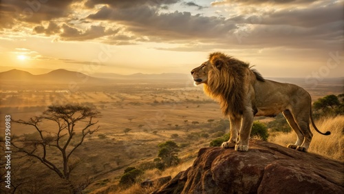 Majestic Male Lion Standing Proudly on a Rock Overlooking the Savanna at Golden Hour