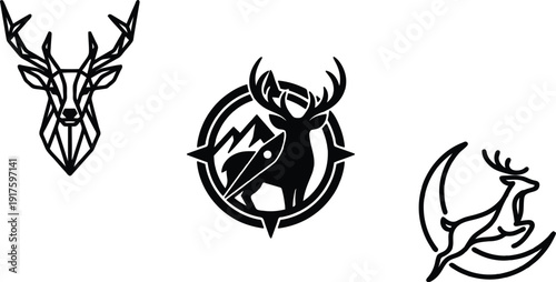 Black deer head and body illustrations with different designs and styles  geometric abstract minimalist silhouettes for logo or icon