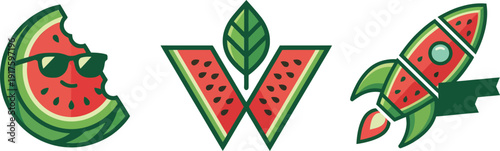 Cartoon watermelon slices and icons with leaves and rocket  summer fruit illustrations