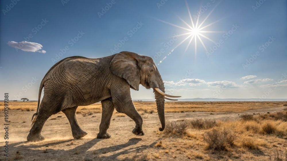 Fototapeta premium Majestic African bull elephant with long tusks walks through a sun-drenched savanna landscape