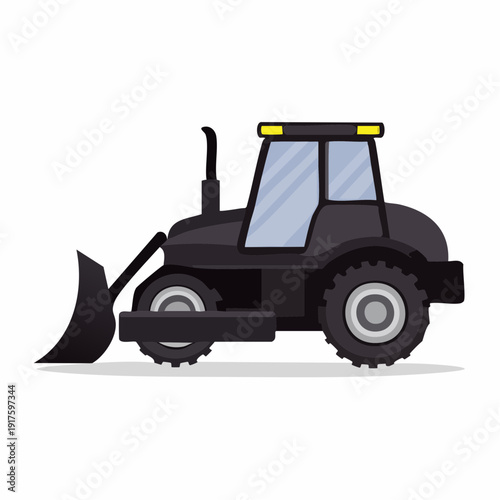 Black front loader bulldozer, construction vehicle with large scoop, industrial machinery for earthmoving and material handling