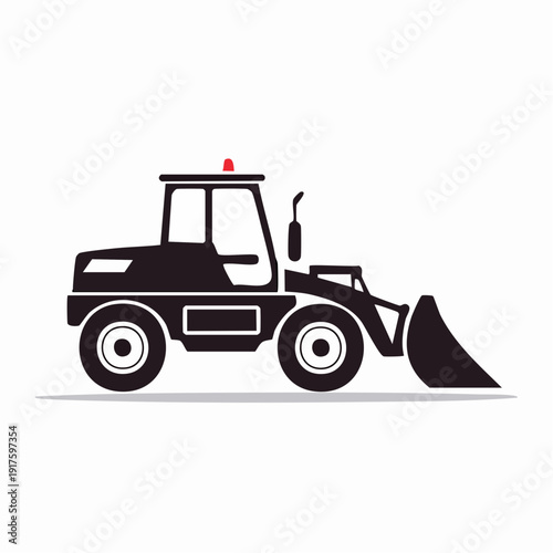 Robust black silhouette icon of a front-end loader, a heavy construction vehicle essential for efficient earthmoving, material handling, and industrial operations on various work sites