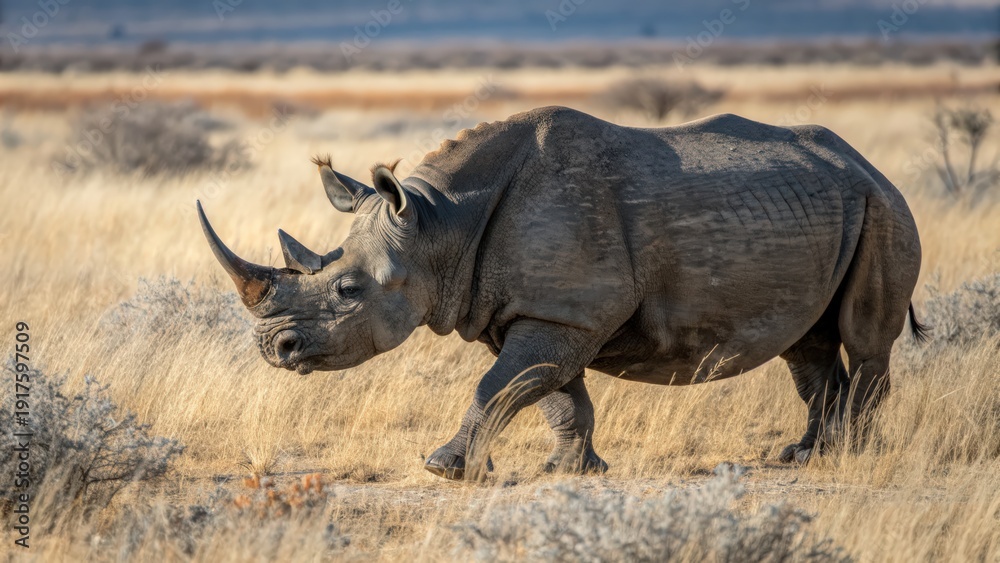 Obraz premium Majestic Black Rhinoceros Walking Through African Savanna Grasslands
