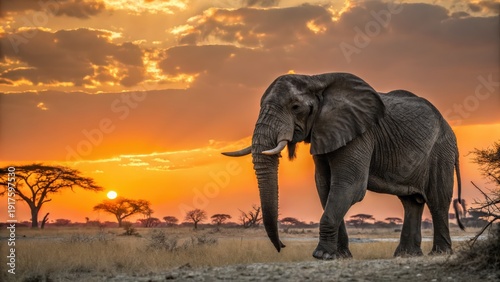 Majestic bull elephant walking across the savanna at sunset with warm golden sky and silhouetted trees