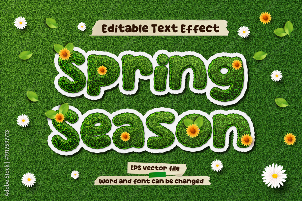 Fototapeta premium Editable text spring season 3D text effect. Green grass textured text style