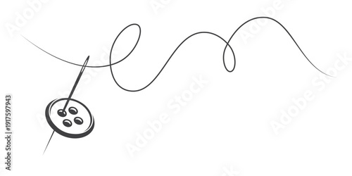 Sewing thread and needle. Thread flying through a needle. Needle flying through a button.