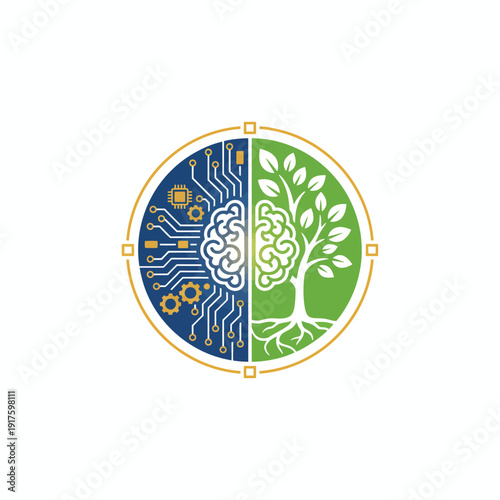 Digital Brain Interconnected with Nature, Symbolizing Innovation and Growth in a Circular Representation