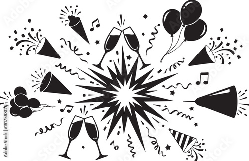 Celebration icons with party hats and champagne glasses together