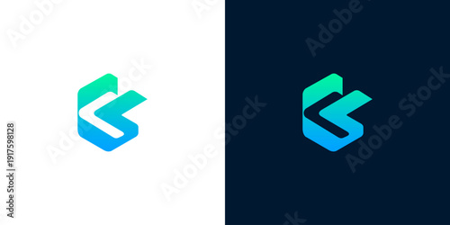 Abstract modern geometric logo design with gradient colors on white and dark backgrounds