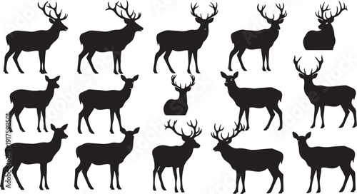 Collection of deer silhouettes in various poses and sizes