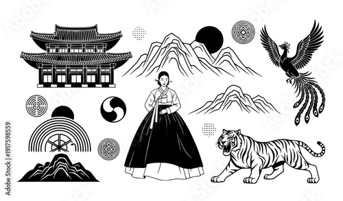 Korean heritage and mythology black silhouette vector collection