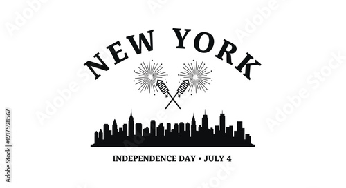 New York Independence Day July 4th celebration vector graphic, fireworks and city skyline, patriotic emblem.