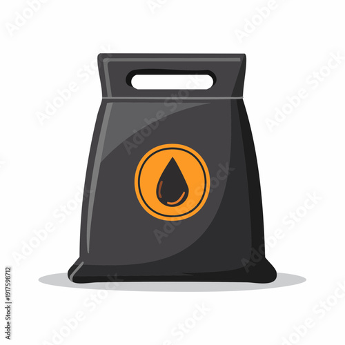 An illustration of a black bag with an orange circular logo featuring a drop of liquid inside, suggesting fuel or oil