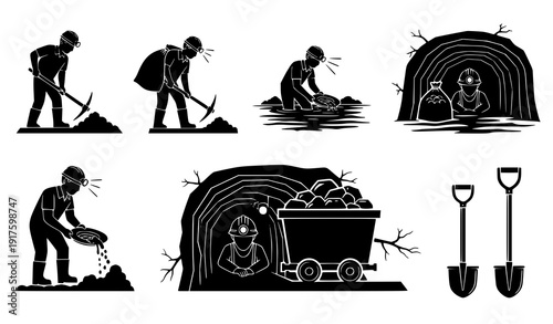 Mining and gold prospecting black silhouette illustration set