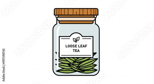 Glass jar with loose leaf tea and wooden lid on white background illustration