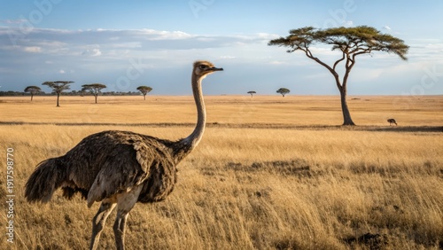 Majestic ostrich standing tall in the African savanna surveying the vast golden landscape under a blue sky