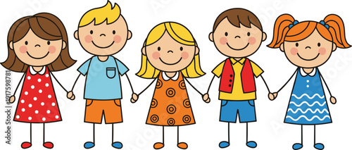 WeHappy Children Holding Hands in Row, Cute Cartoon Kids Friendship Illustration in Colorful Vector Style Isolated on White Background