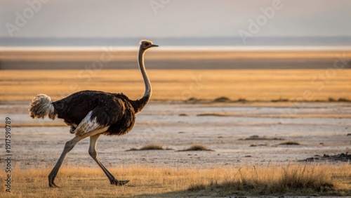 Majestic ostrich with long legs and distinctive feathers walking through a sun-drenched savanna at dawn